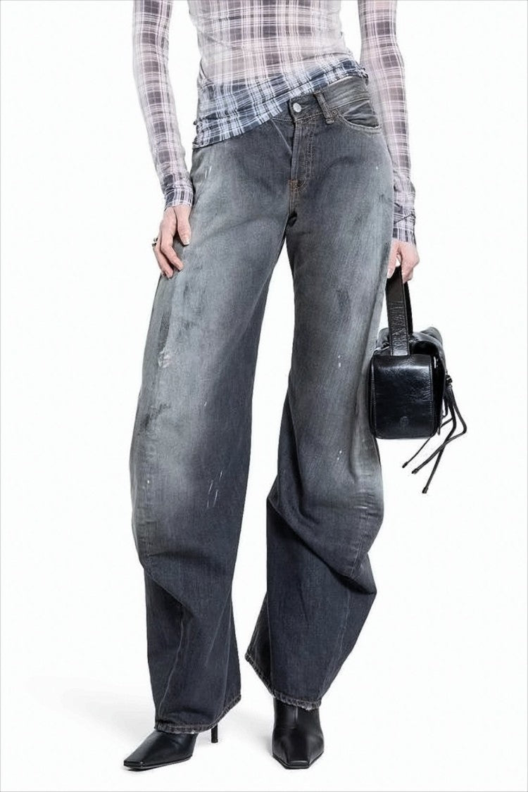 Wide-Leg Black Denim Pants with Distressed Finish