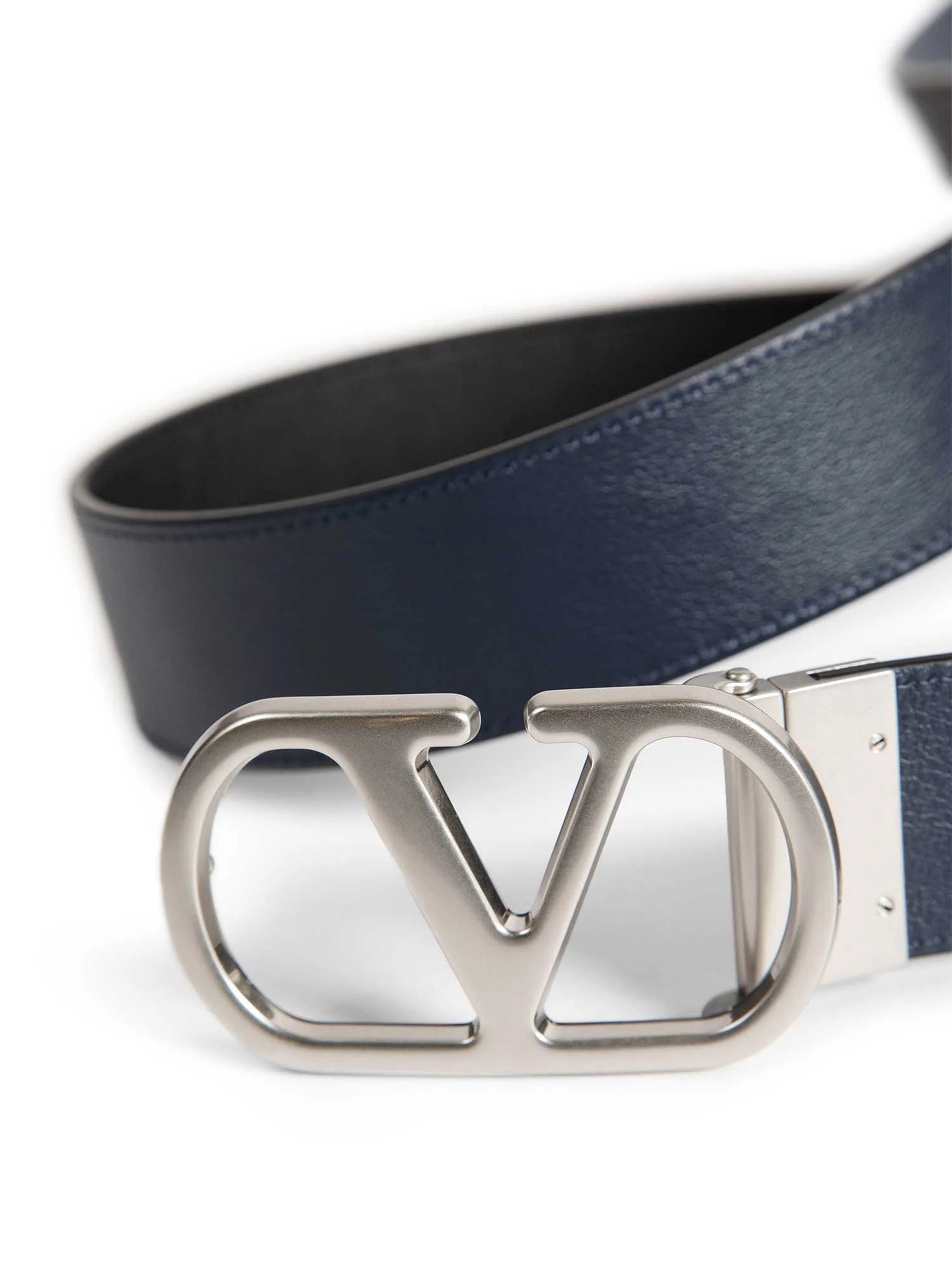 Black/Navy Reversible Silver-tone Logo Buckle Belt