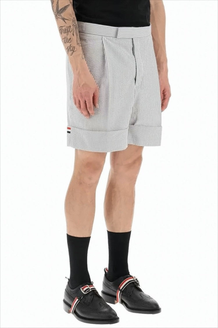Tailored White Shorts with Subtle Pinstripe and Tricolor Detail
