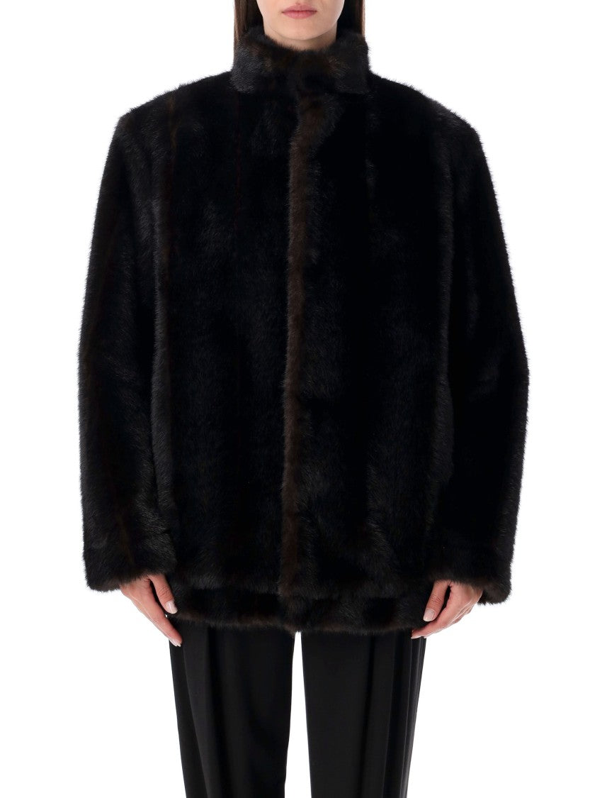 Plush Black Faux Fur Jacket With High Collar