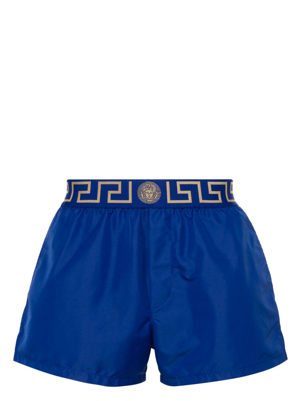 Vibrant Blue Silk And Nylon Shorts With Greek Key Waistband