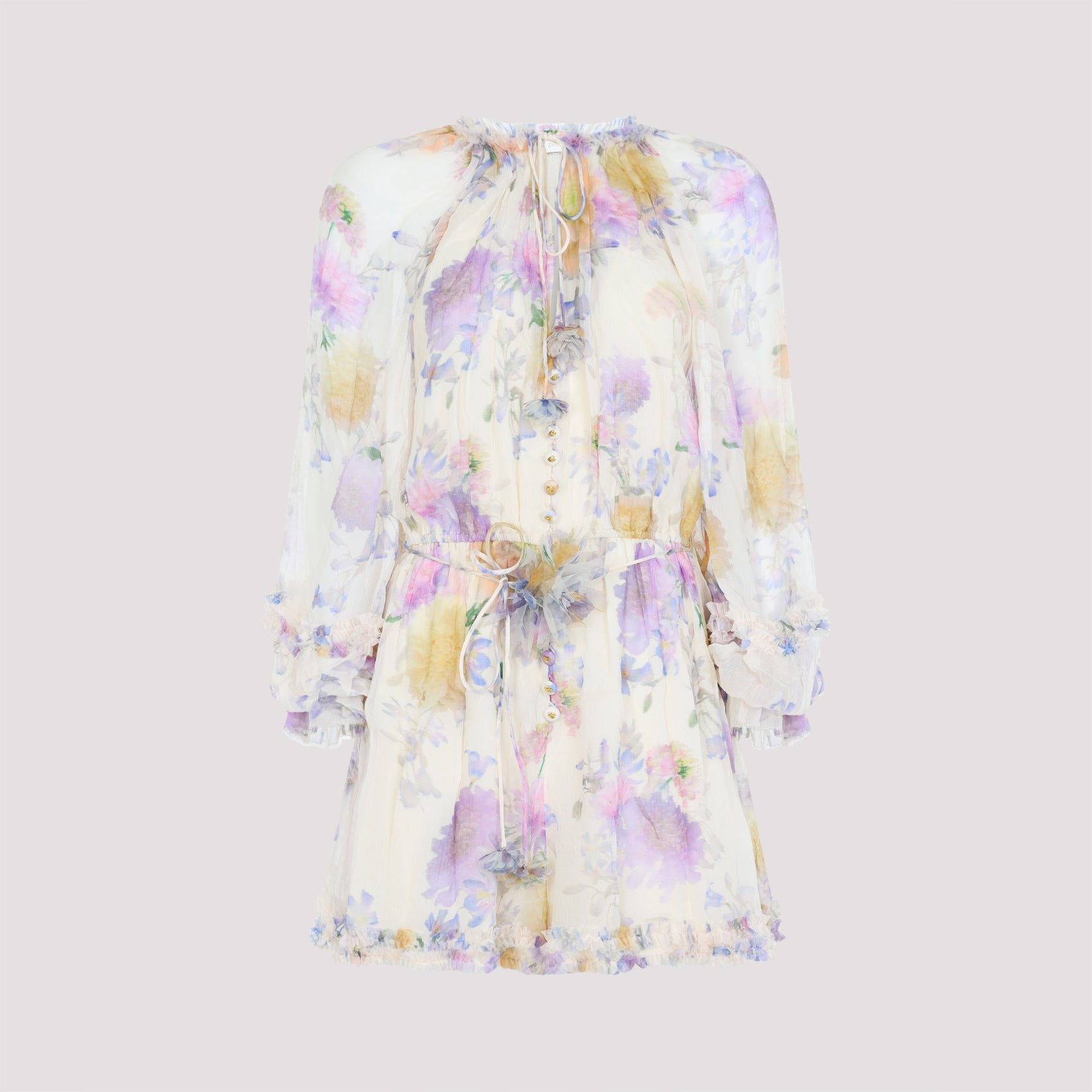 Floral Print Overall with Ruffled Cuffs