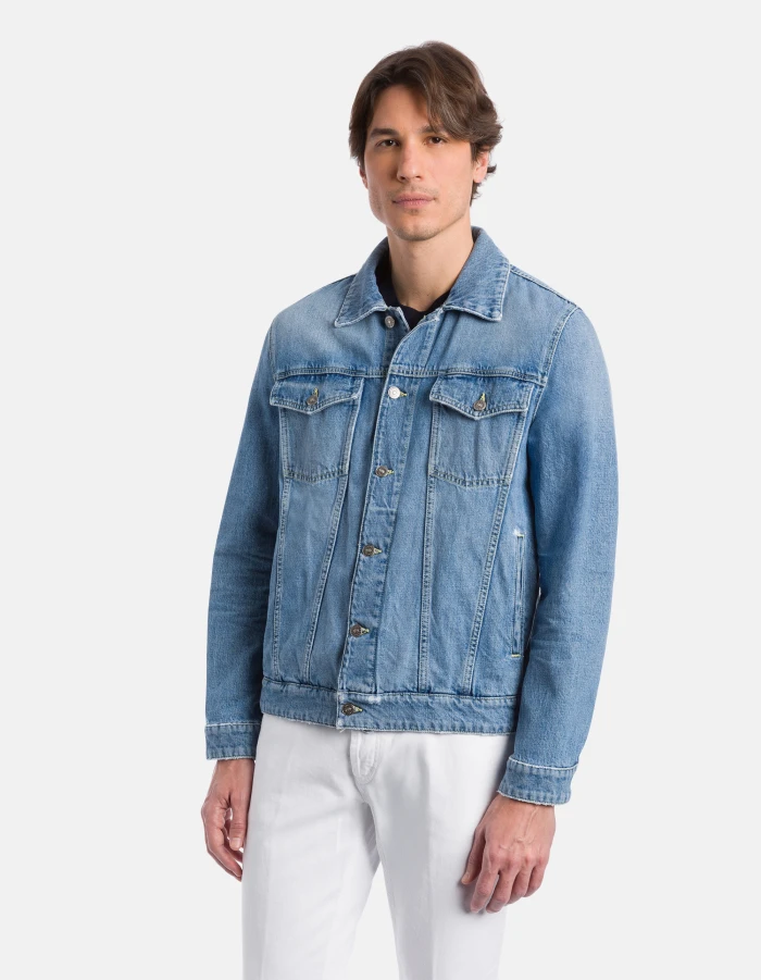 Medium Blue Wash Denim Jacket with Button-Up Front