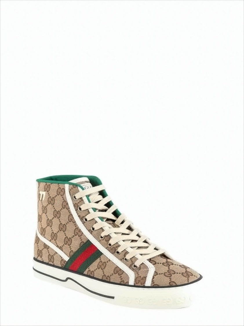 Beige Canvas High-Top Sneakers with Monogram
