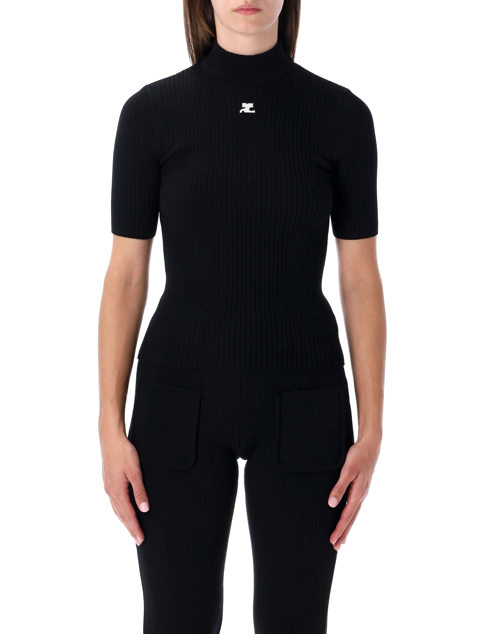 Red Rib-Knit Short-Sleeve Sweater