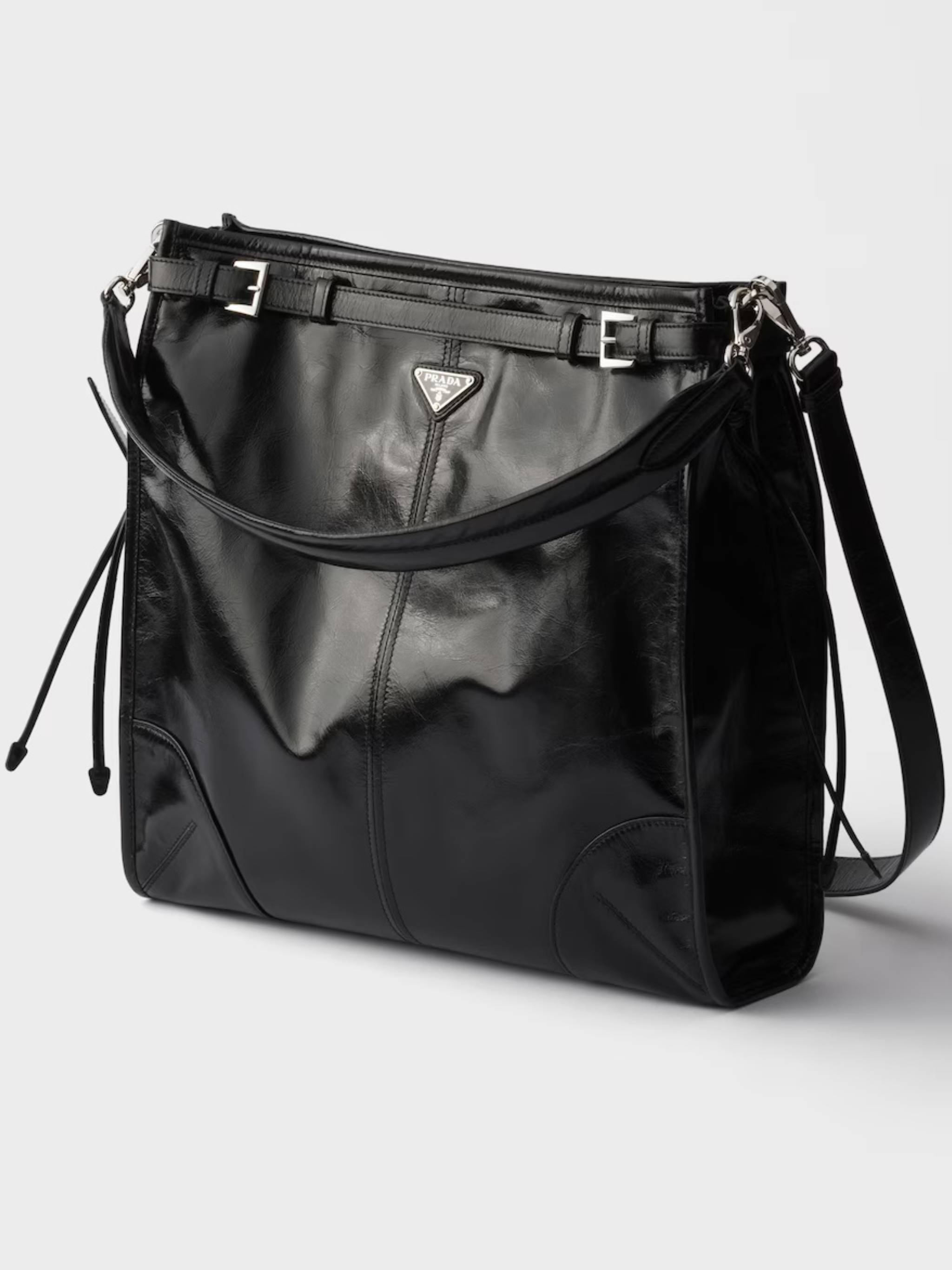 Black Bandoliera Glossy Leather Shoulder Bag