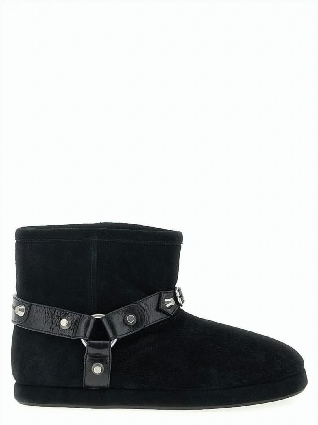 Plush Black Ankle Boots with Decorative Harness