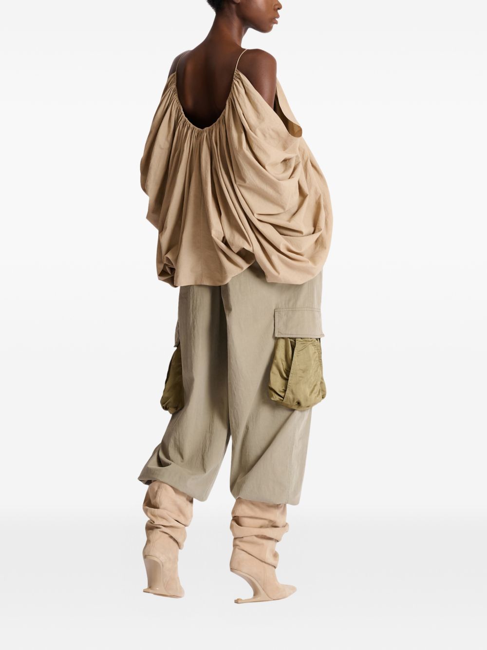 Beige Gathered Cut Out Cotton Top