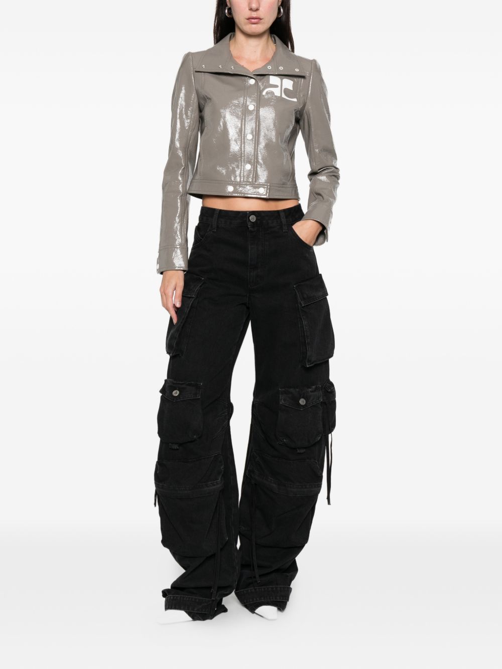 Cropped Grey Jacket with Glossy Patent Finish and Bold Logo