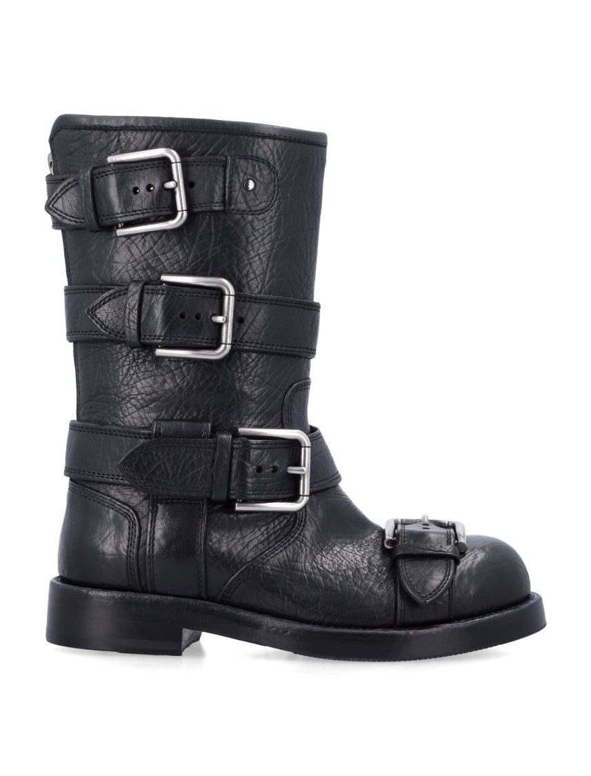 Black Leather Biker Boots With Buckles