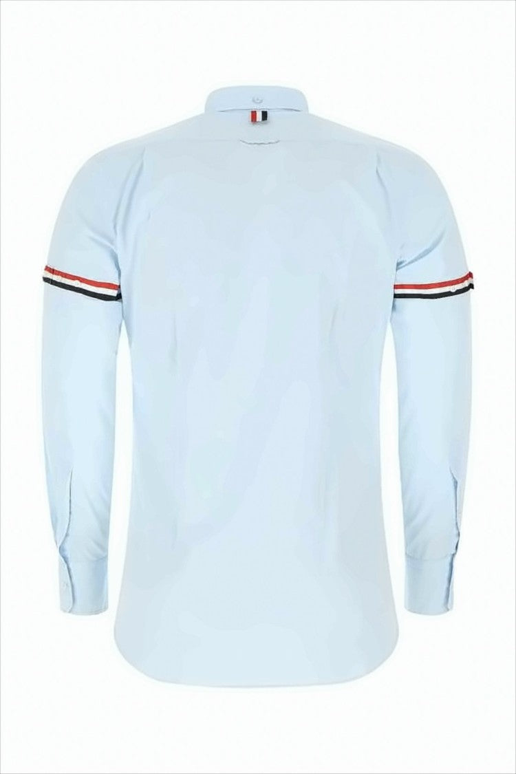 Light Blue Long-Sleeve Button-Up Shirt with Contrast Stripes