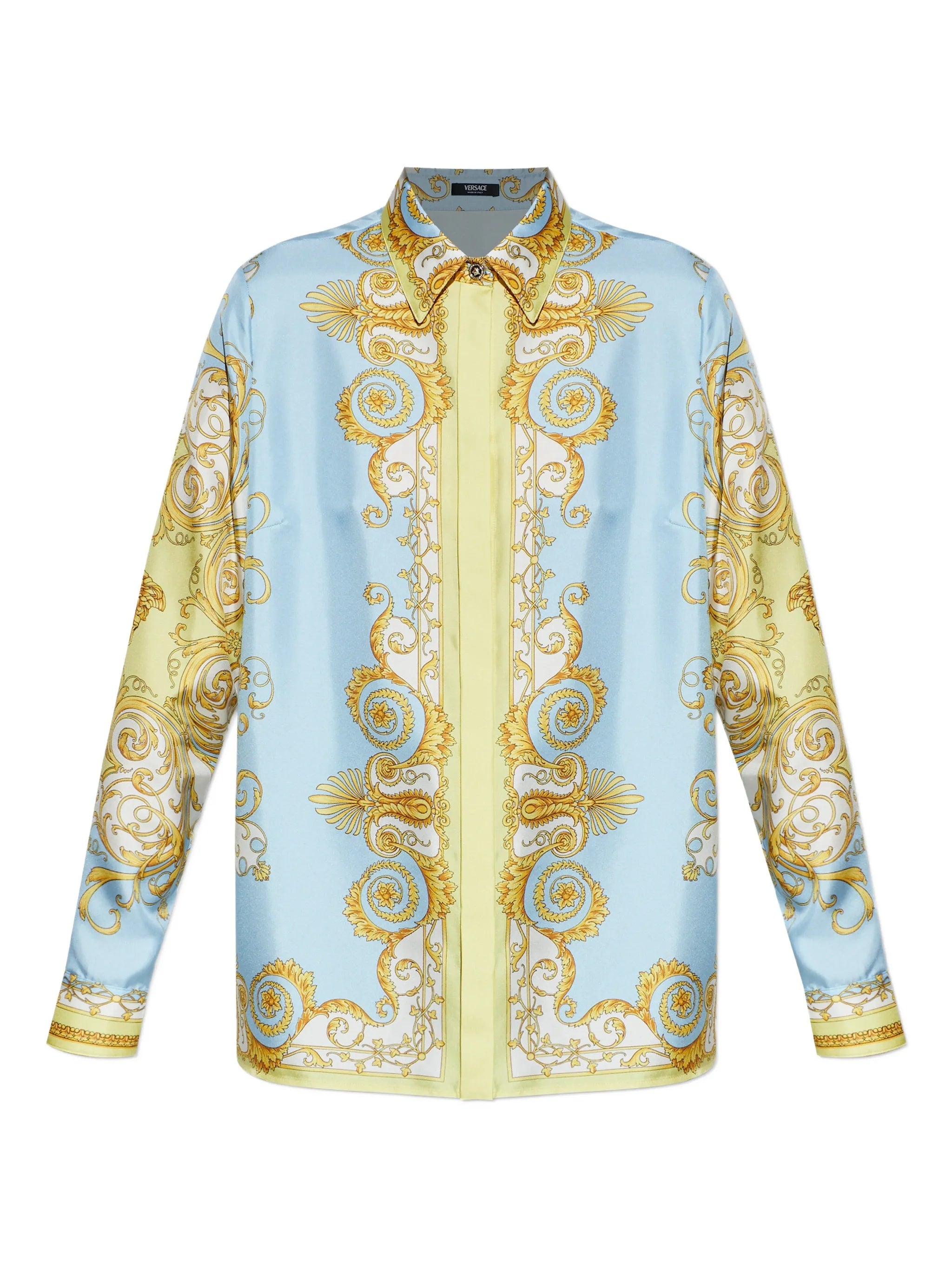 Pastel Blue Baroque-Inspired Silk Scroll Shirt
