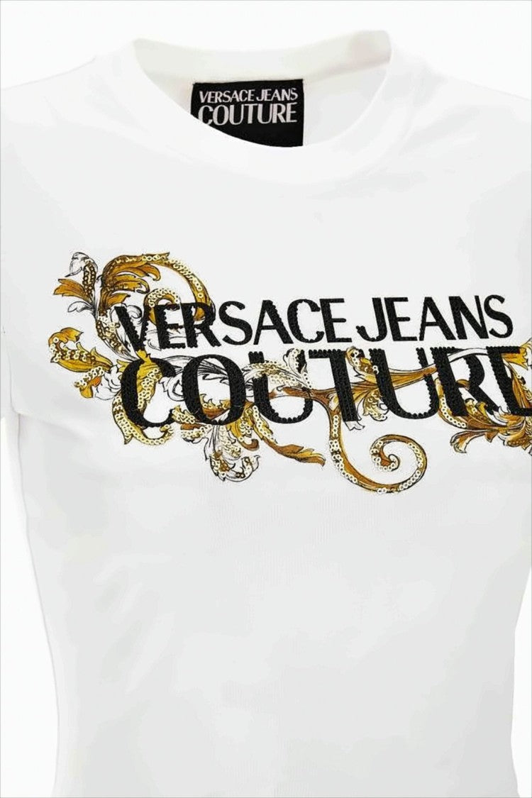 Cropped Fitted T-Shirt with Baroque Print