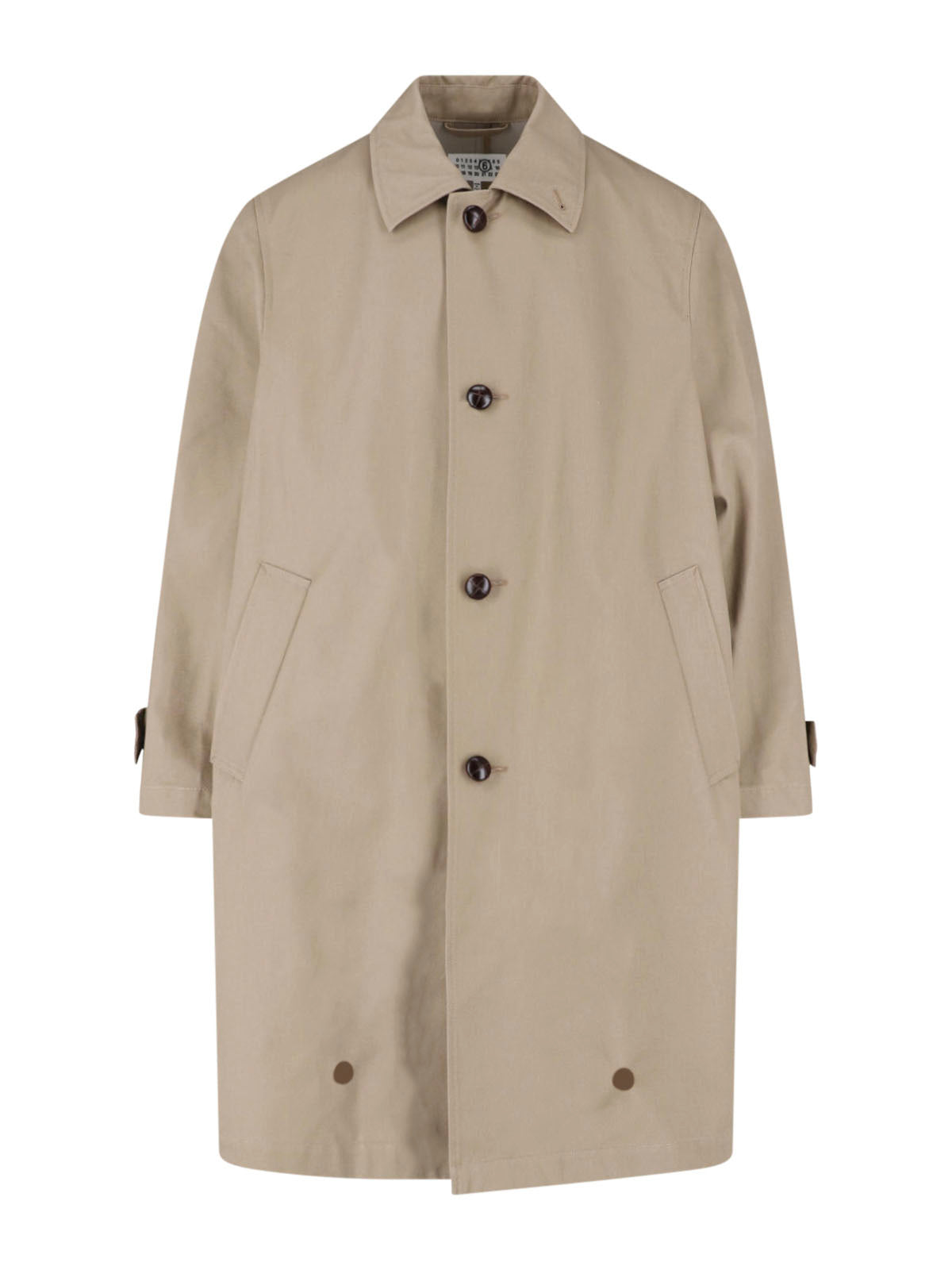 Mid-Length Beige Jacket with Classic Collar and Button Details