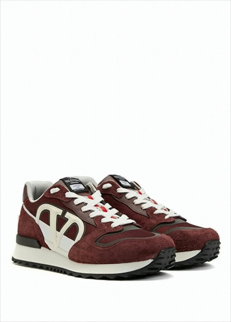 Burgundy Leather and Suede Low-Top Sneakers