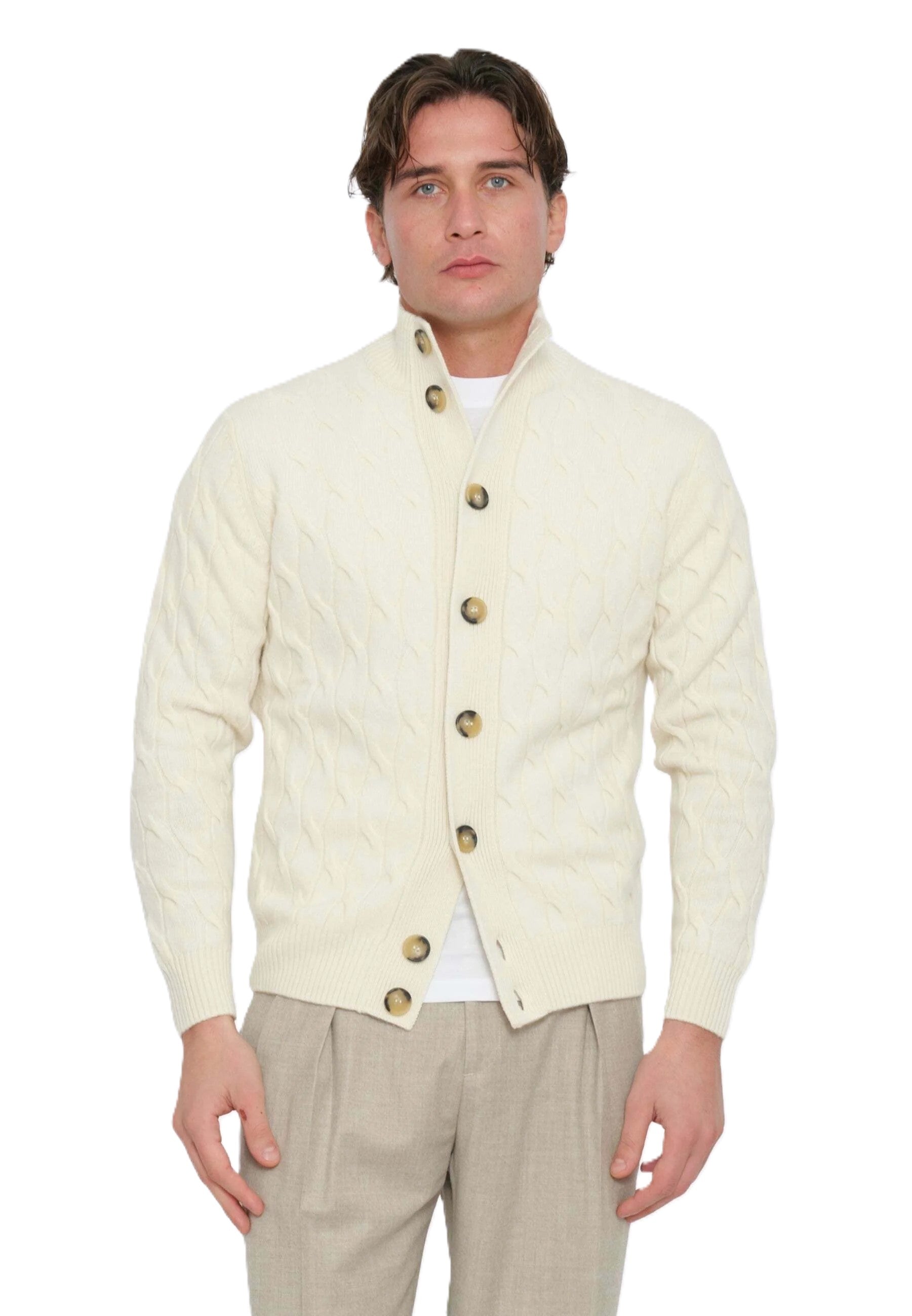 Textured Cable Knit Cardigan With High Collar