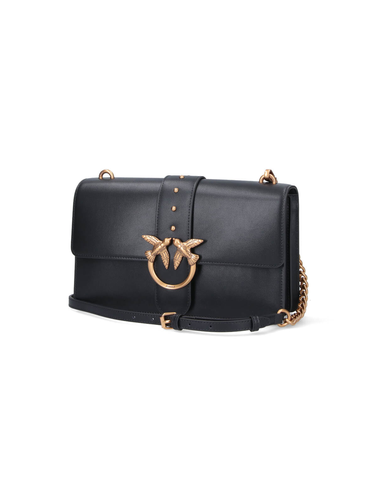 Medium Black Leather Shoulder Bag With Gold-Tone Logo