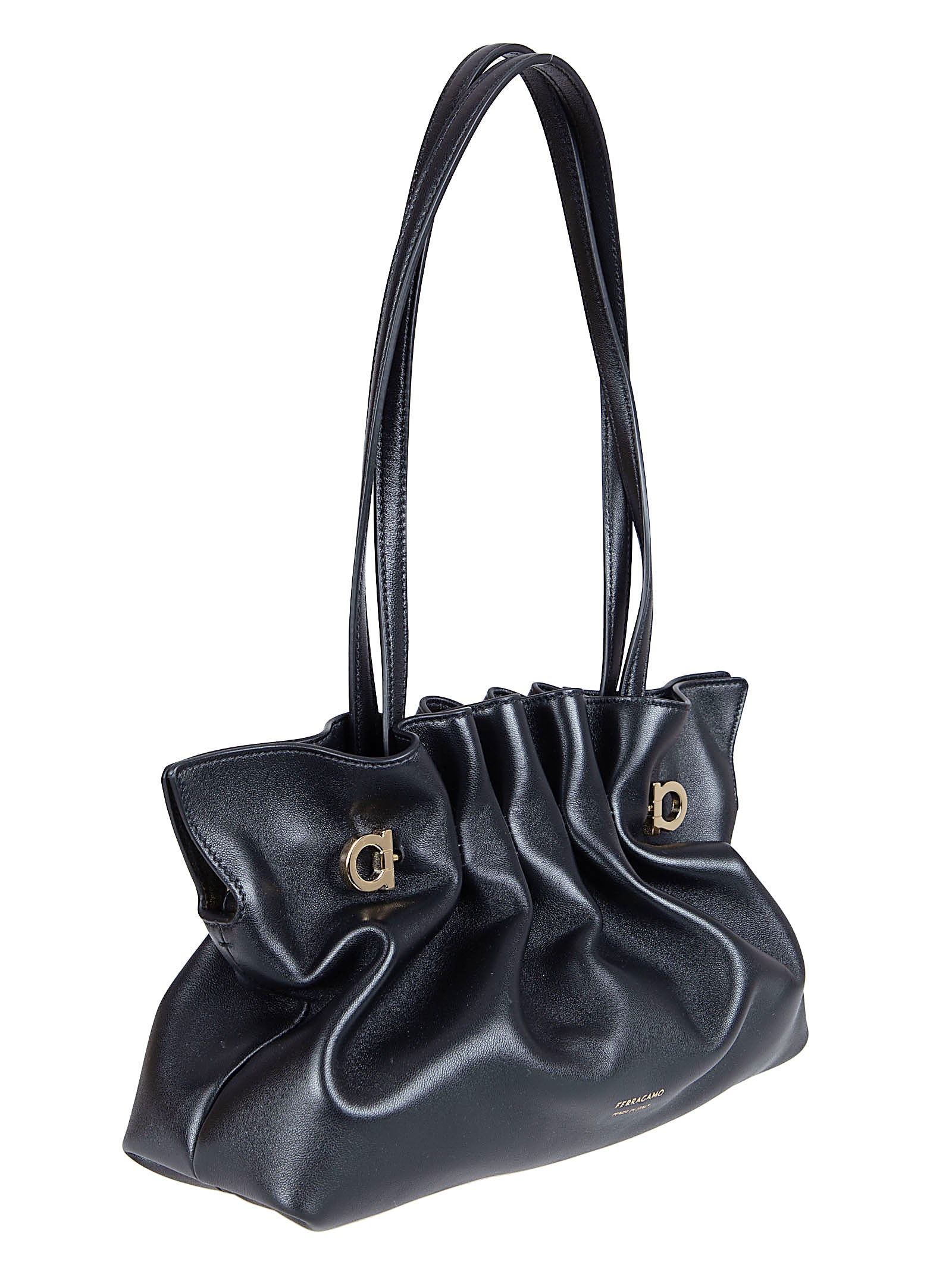 Gathered Black Nappa Leather Soft Bag with Gold Accents