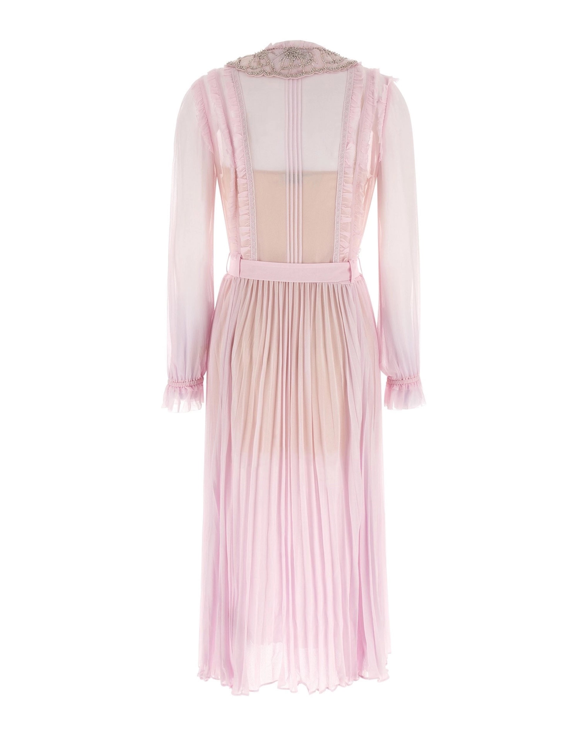 Midi Dress with Jewel-Embellished Collar and Pleated Detail