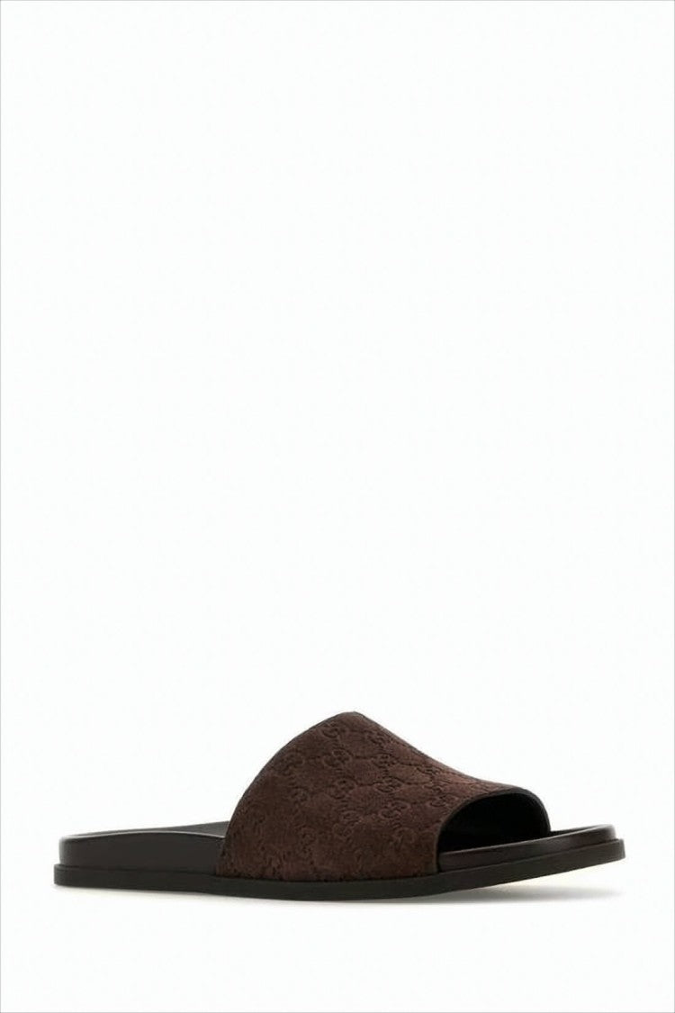 Brown Suede Sandals with Embossed Strap