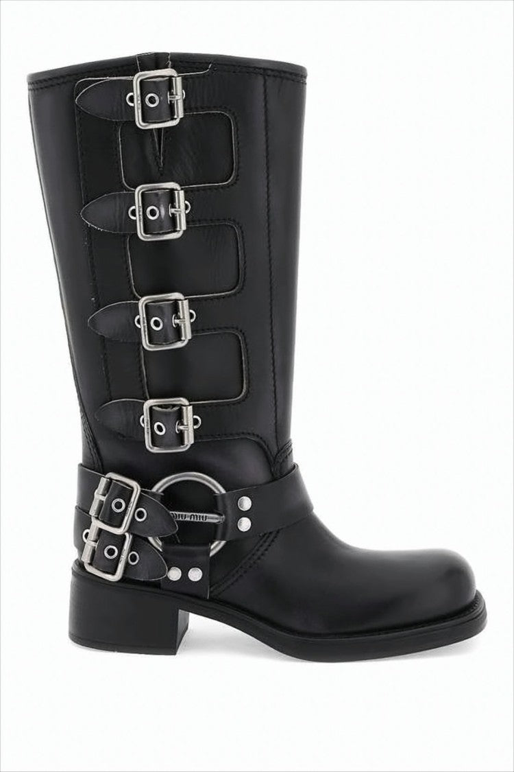 Mid-Calf Black Calf Leather Boots with Adjustable Buckles