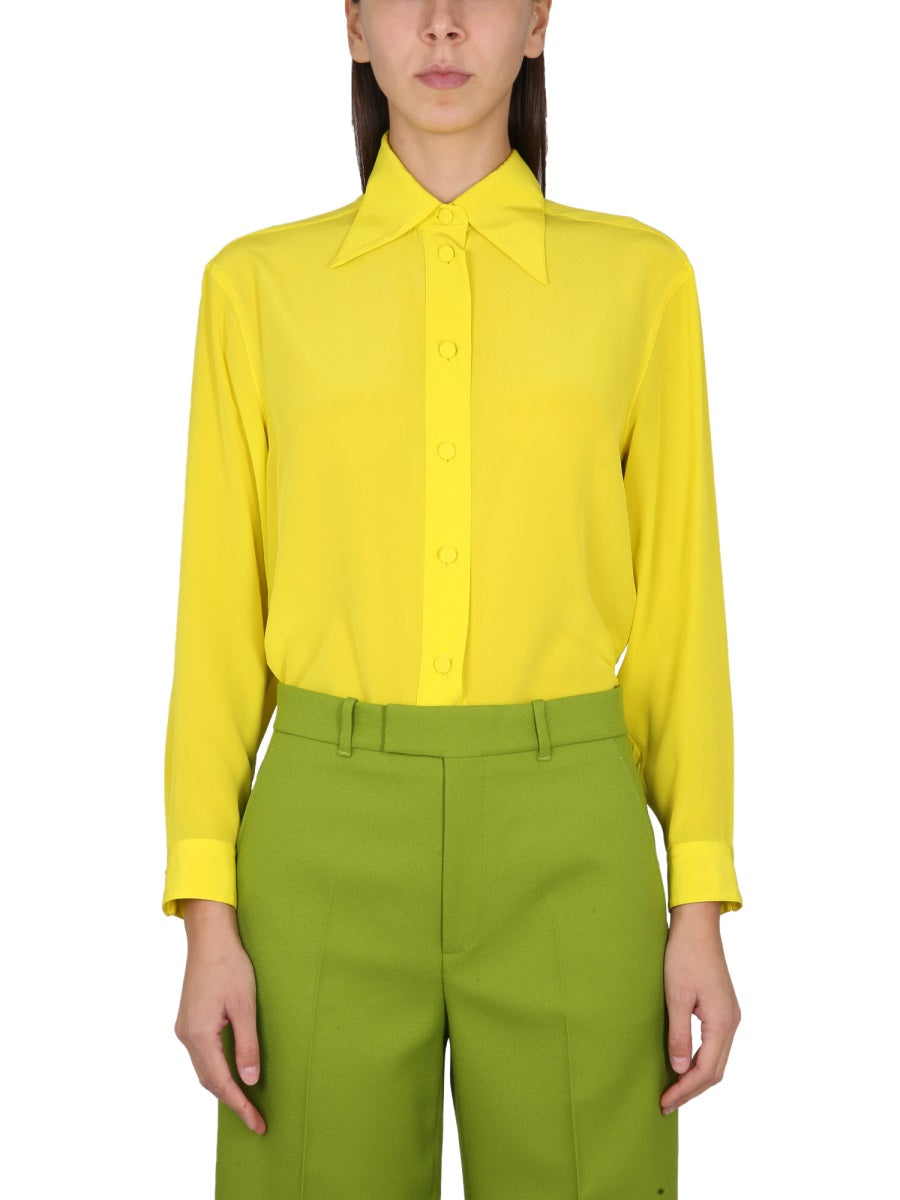 Pointed Collar Silk Shirt with Lined Detail