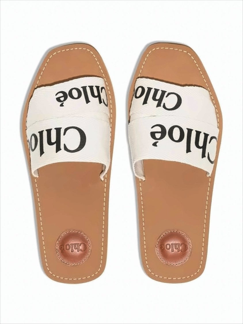 Flat Slide Sandals with Bold Text