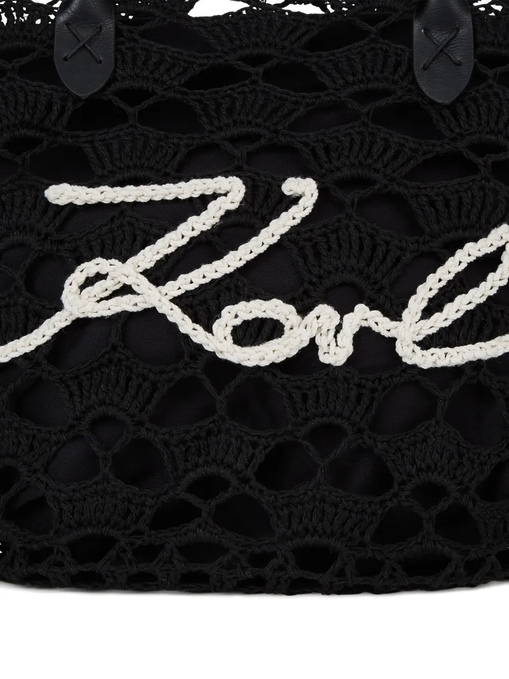 Intricate Openwork Crochet Tote Bag with Logo Detail