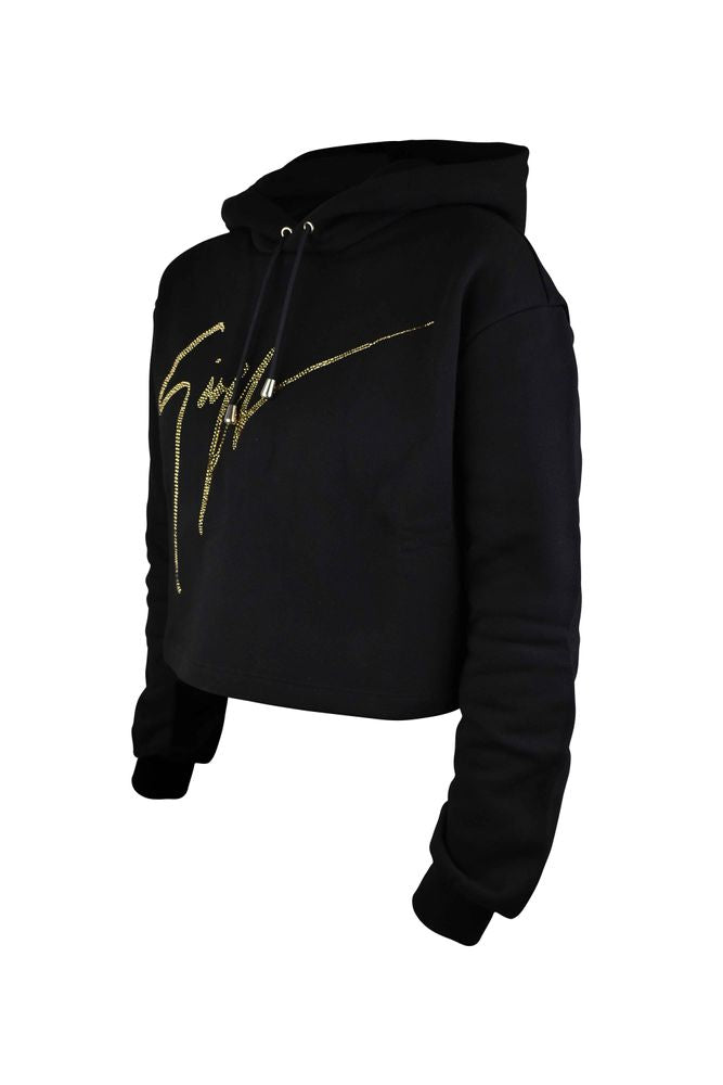 Cropped Black Hoodie With Gold Rhinestone Embroidery