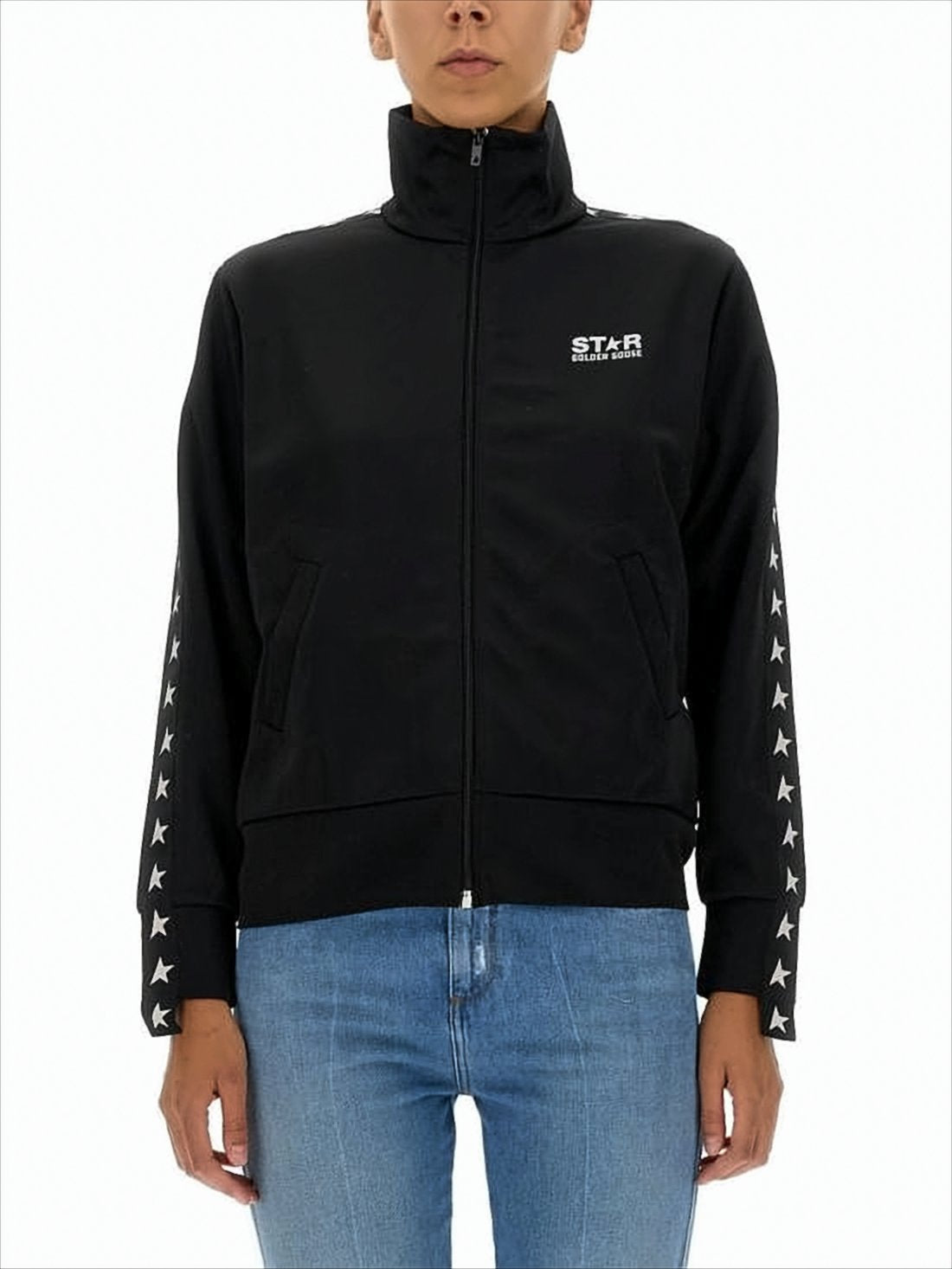 Black Zip-Up Track Jacket With Logo And Star Motifs