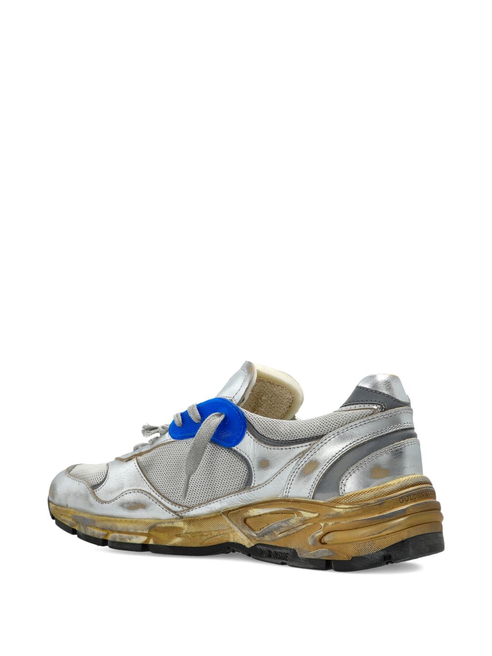 Metallic Silver Sneakers With Bold Blue Detail And Vintage Accents