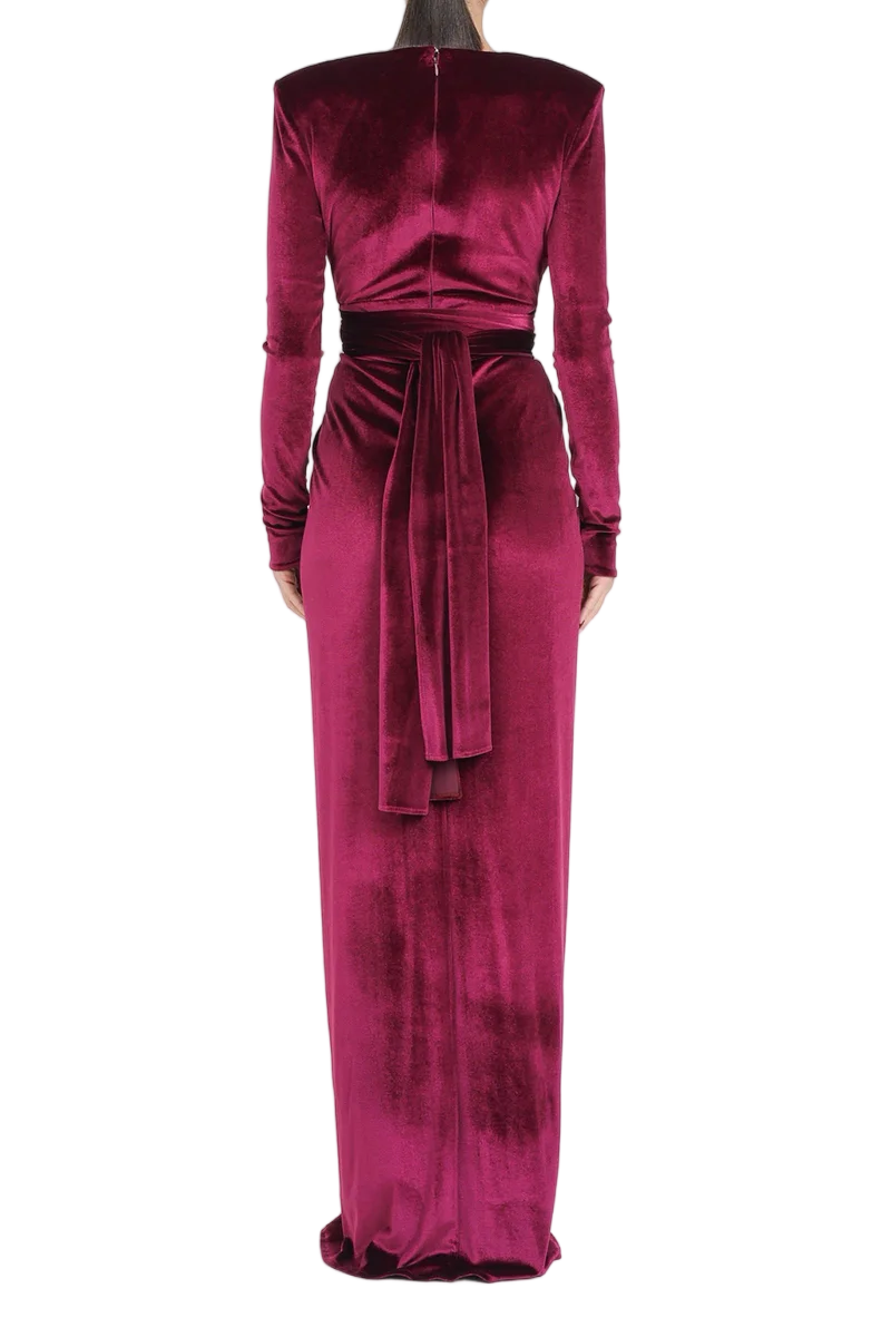 Red Polyester Elastane Women's Long Velvet Dress