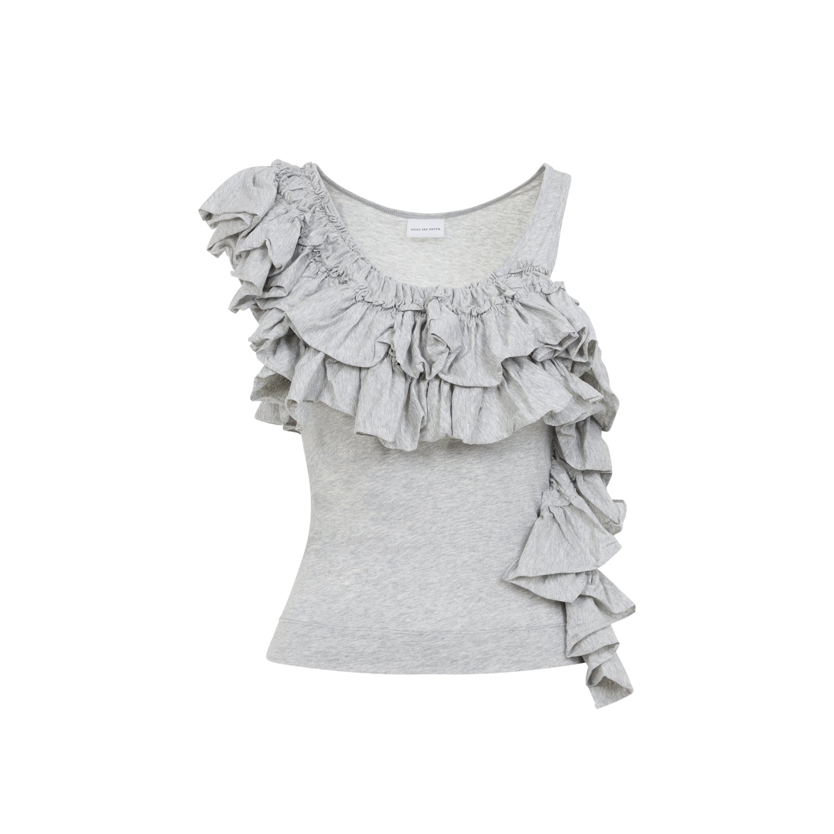 Fitted Grey Top with Asymmetrical Ruffles