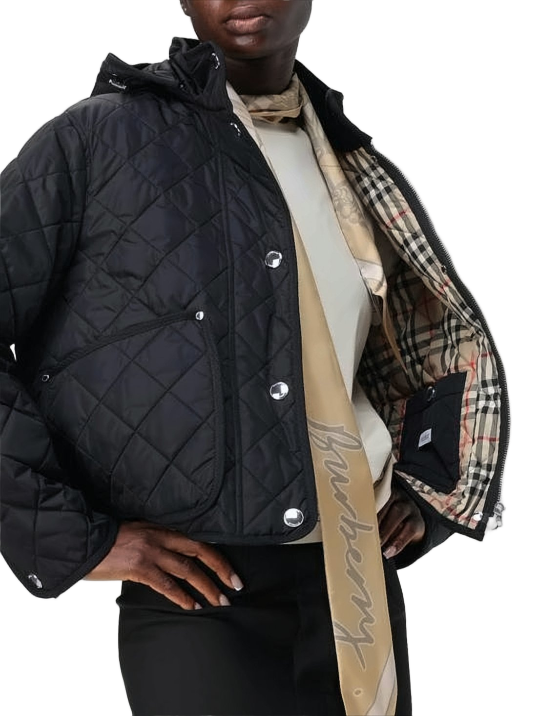 Cropped Quilted Jacket with Diamond Pattern