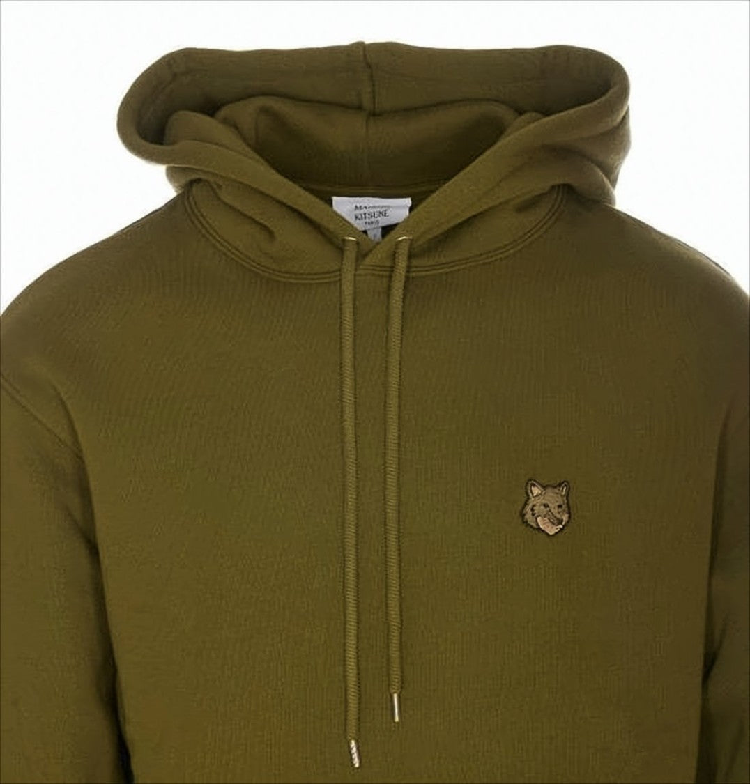 Solid Olive Green Cotton Hoodie With Iconic Fox Emblem