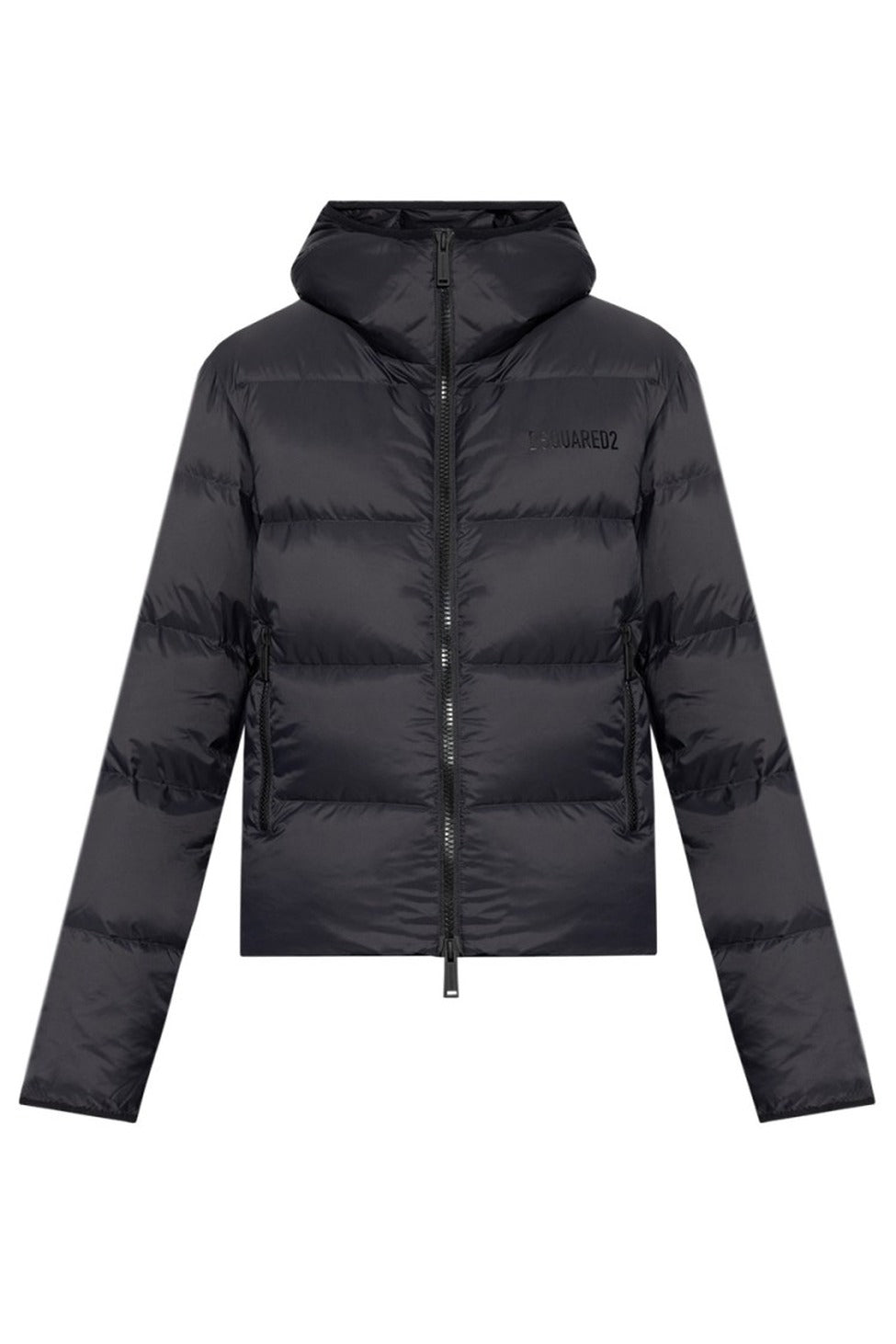 Cropped Black Jacket With Quilted Design And Hood