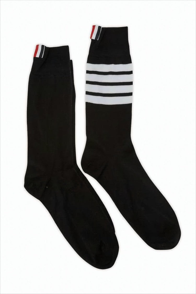 Ribbed Black Cotton Socks with Striped Detail