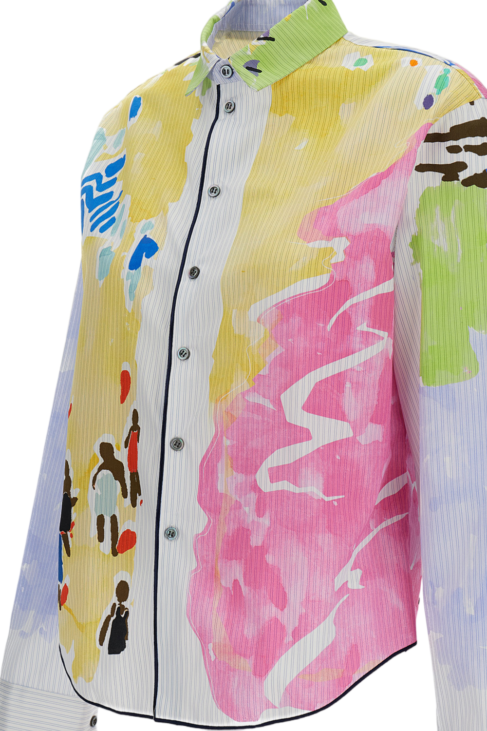 Watercolor-Print Cropped Cotton Shirt with Pointed Collar