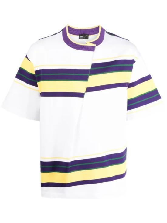 Horizontal Striped Short-Sleeved T-Shirt with Purple Neckline