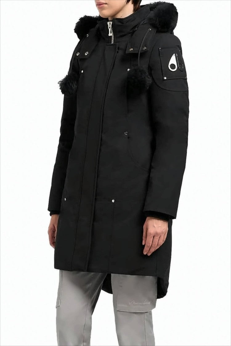 Long Black Padded Coat With Detachable Faux Fur Hood