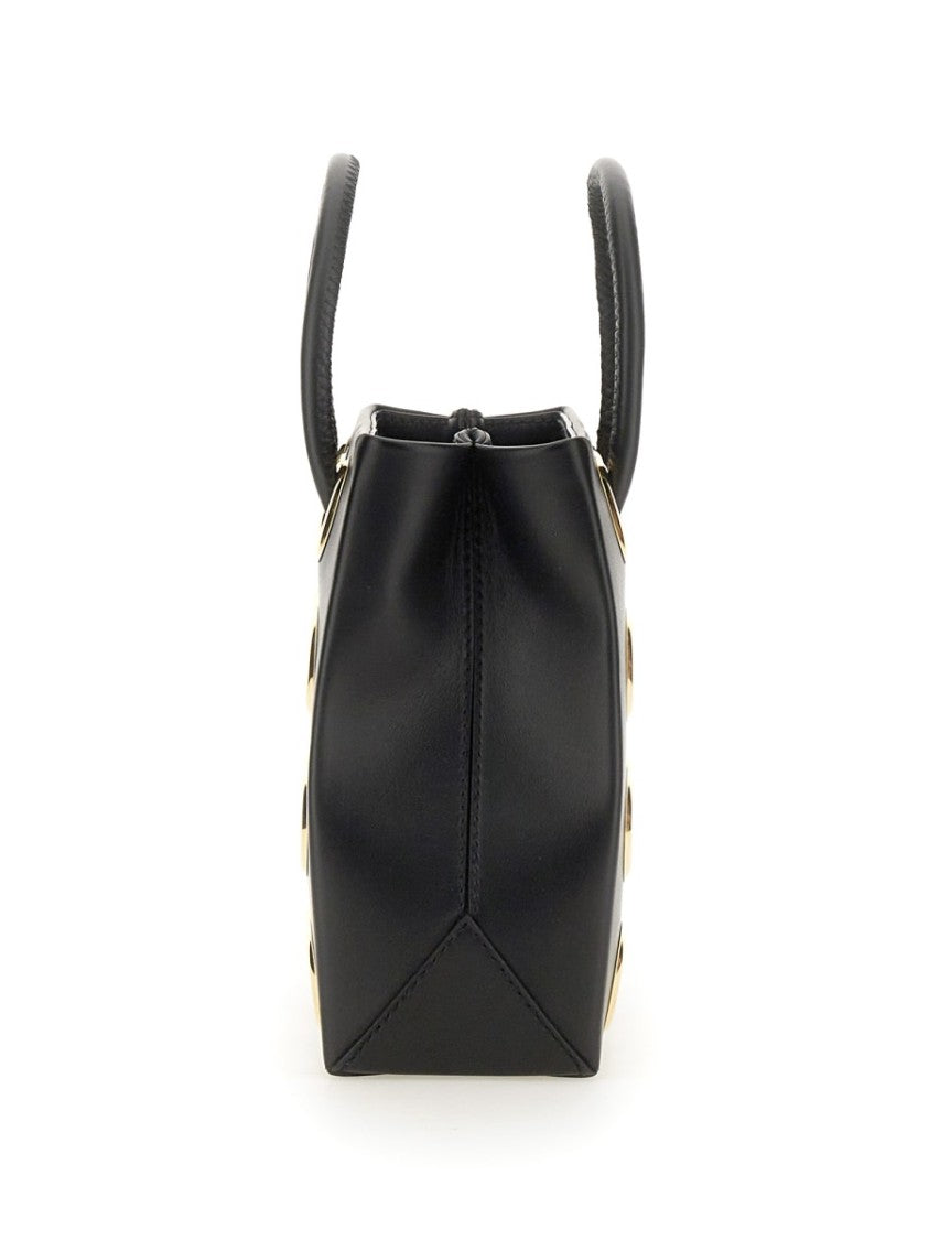 Structured Black Leather Bag With Gold Grommet Details