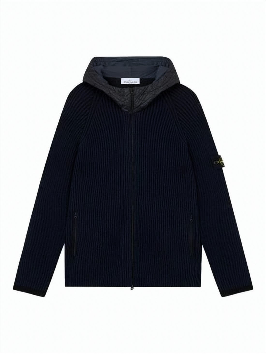 Ribbed Knit Cardigan with Quilted Hood