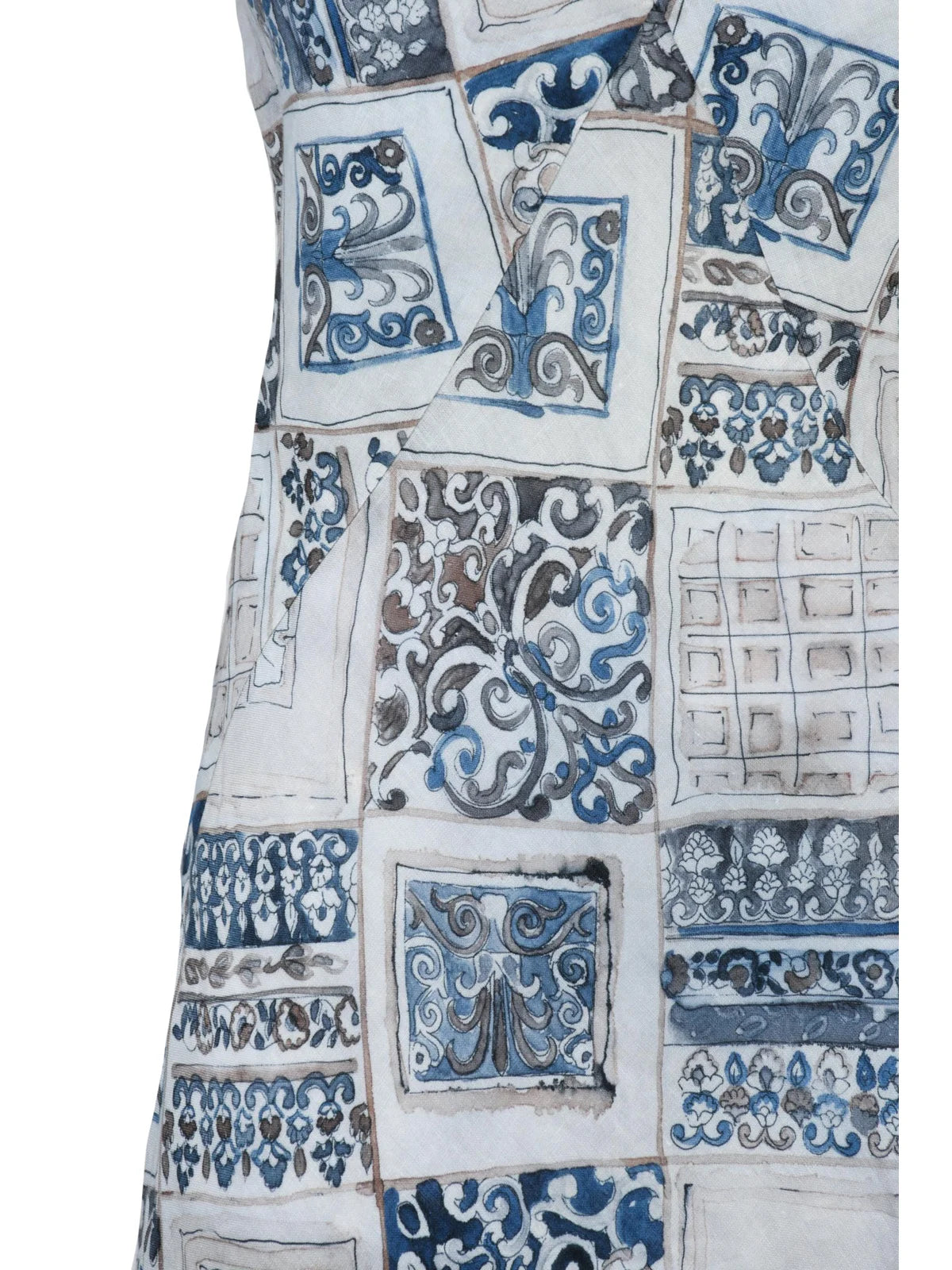 Blue Beige Long Flared Linen Dress