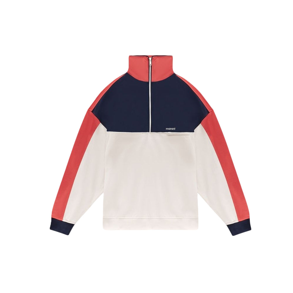 Color-blocked Pullover with High Collar and Half-Zip Closure