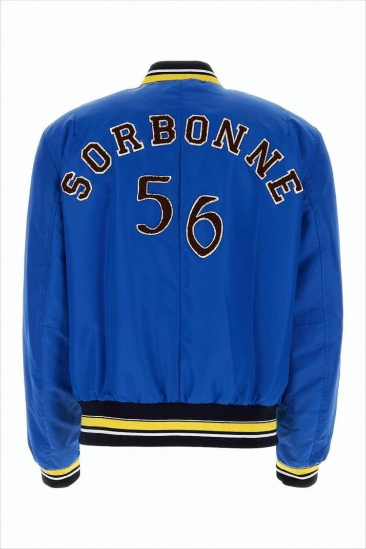 Blue Nylon Bomber Jacket with Embroidered Details