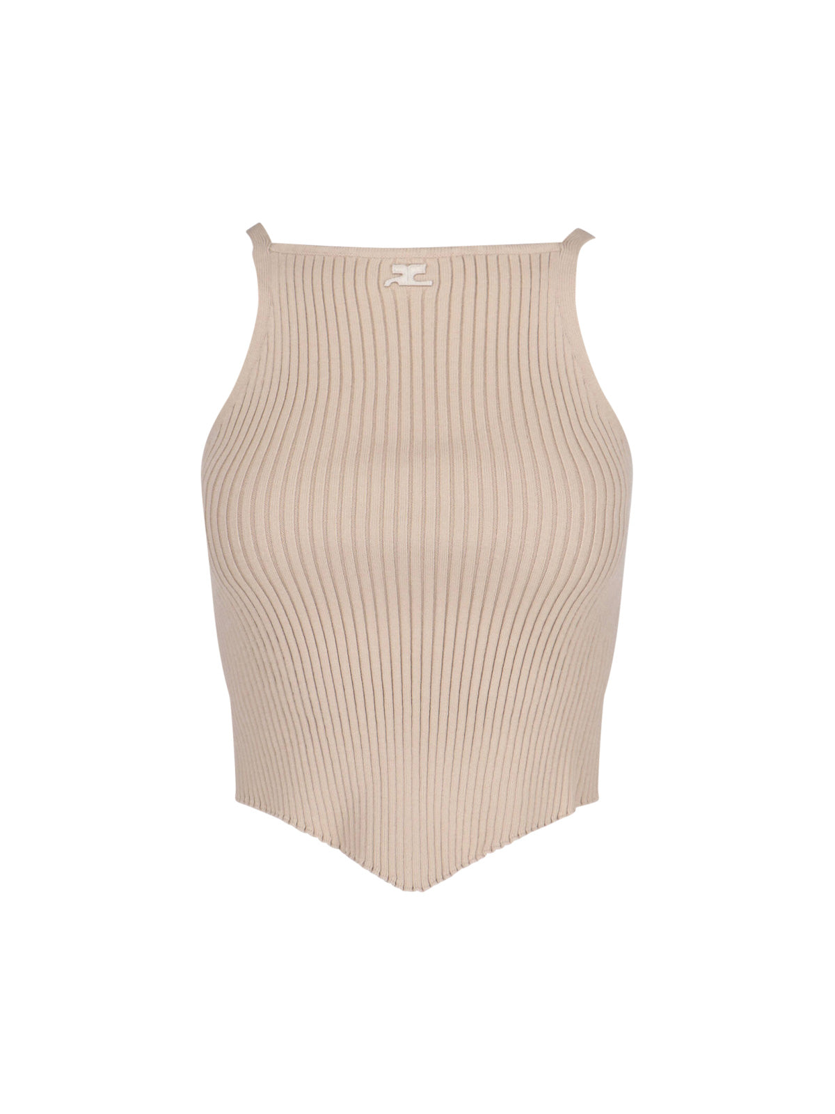Knitted Top, In Beige Fabric, Ribbed Knit