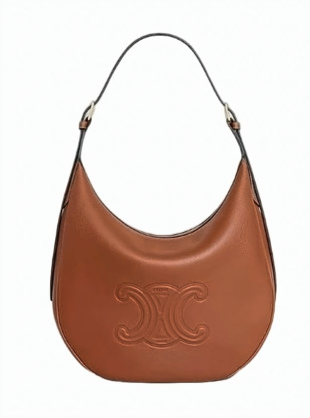 Crescent-Shaped Calf Leather Shoulder Bag with Gold-Tone Hardware