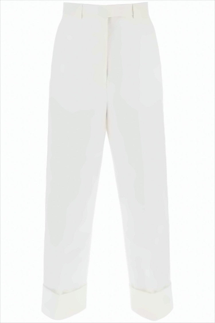 Cropped White Straight Pants with High Waist and Cuffed Hem