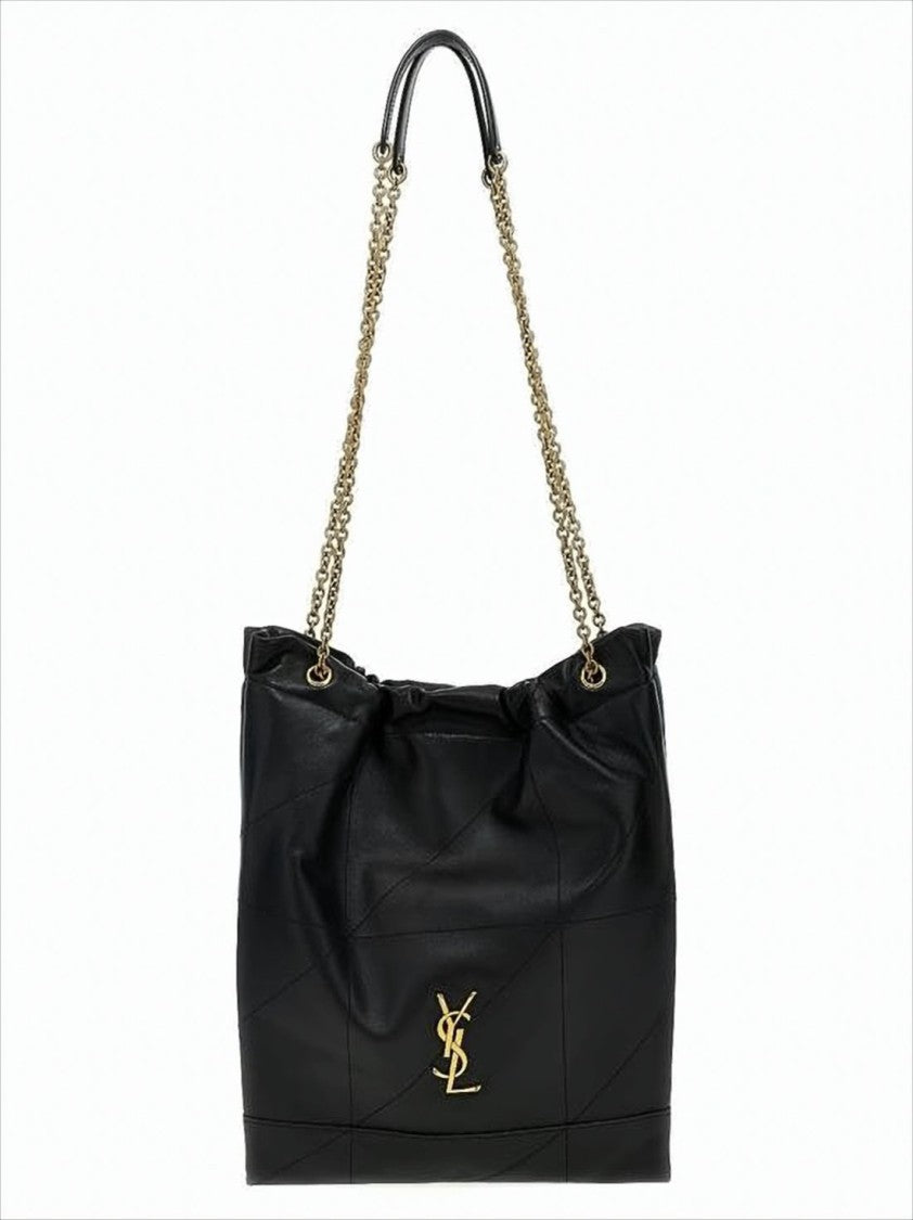 Black Lambskin Shoulder Bag with Gold-tone Emblem