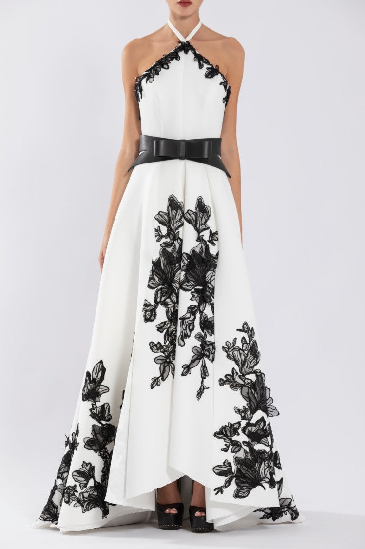 Neoprene High-Low Dress With Embroidery